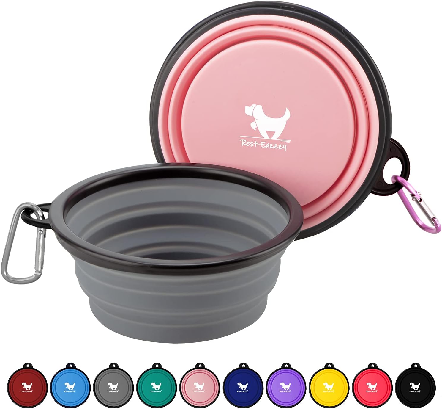 Collapsible Travel Dog Bowls - 2-Pack Portable Water and Feeding Dishes for Pets, Foldable Design with Carabiners, BPA Free (Medium, Grey & Pink)