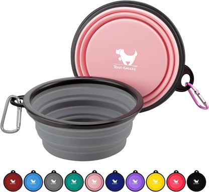 Collapsible Travel Dog Bowls - 2-Pack Portable Water and Feeding Dishes for Pets, Foldable Design with Carabiners, BPA Free (Medium, Grey & Pink)