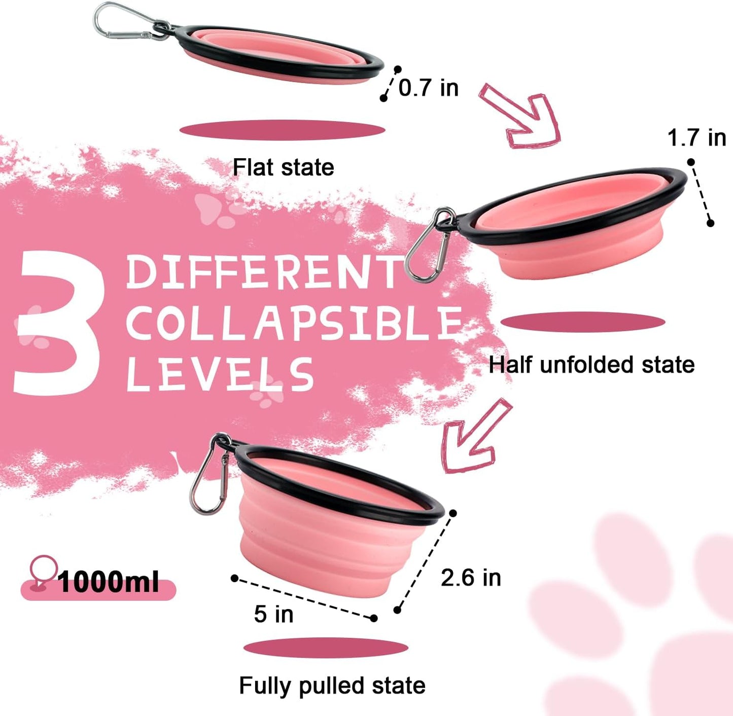 Collapsible Travel Dog Bowls - 2-Pack Portable Water and Feeding Dishes for Pets, Foldable Design with Carabiners, BPA Free (Medium, Grey & Pink)