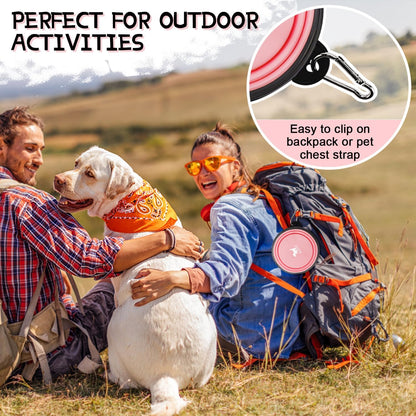 Collapsible Travel Dog Bowls - 2-Pack Portable Water and Feeding Dishes for Pets, Foldable Design with Carabiners, BPA Free (Medium, Grey & Pink)